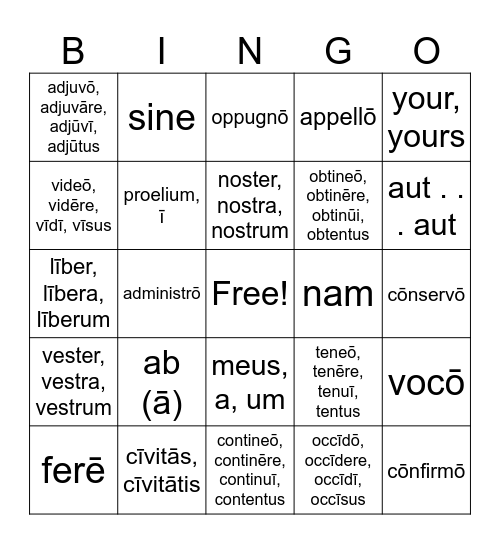 Week 19 Latin Review Bingo Card