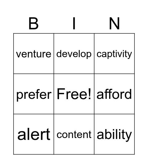 Vocabulary February 2-8 Bingo Card