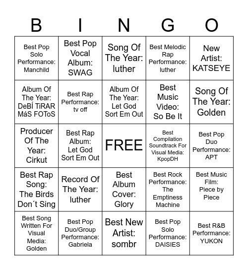 Grammy 2026 Bingo Card
