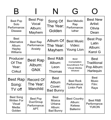 Grammy 2026 Bingo Card
