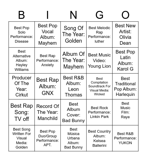 Grammy 2026 Bingo Card