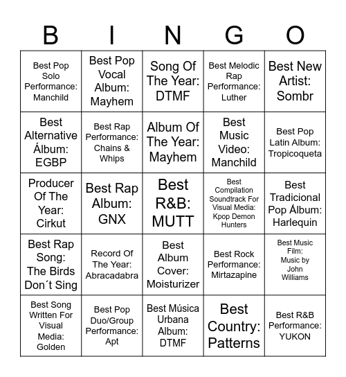 Grammy 2026 Bingo Card