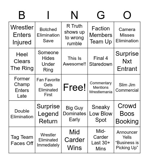 Royal Rumble 2026 Bingo Card