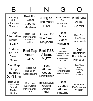 Grammy 2026 Bingo Card