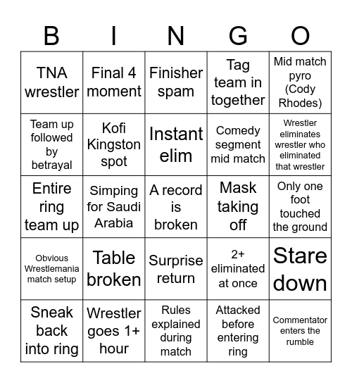 Rumble 2026 Bingo Card