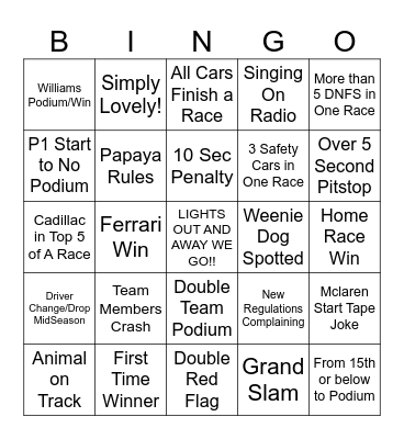 2026 F1 Bingo Card