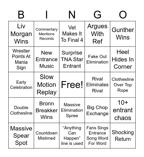 Royal Rumble 2026 Bingo Card