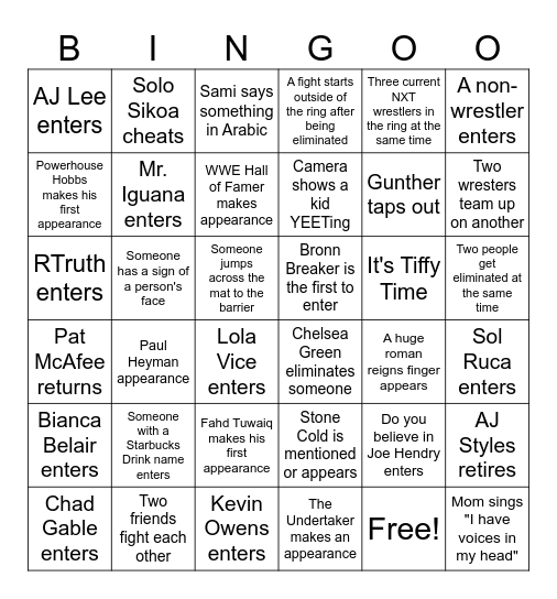 Royal Rumble Bingo Card