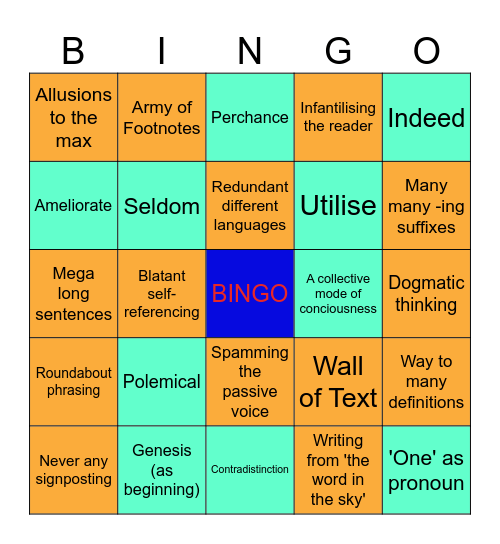 Pretentious Writing Bingo Card