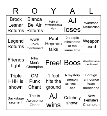 Royal Rumble Bingo Card