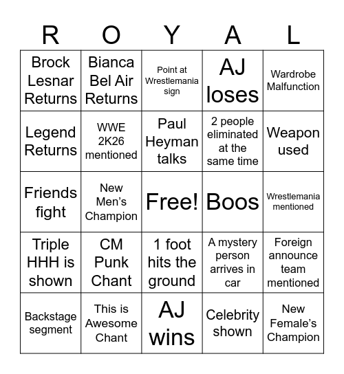 Royal Rumble Bingo Card