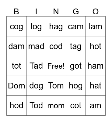 Recipe for Reading CVC Words 2-3 Letters Bingo Card