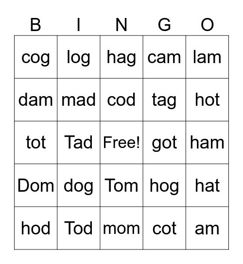 Recipe for Reading CVC Words 2-3 Letters Bingo Card