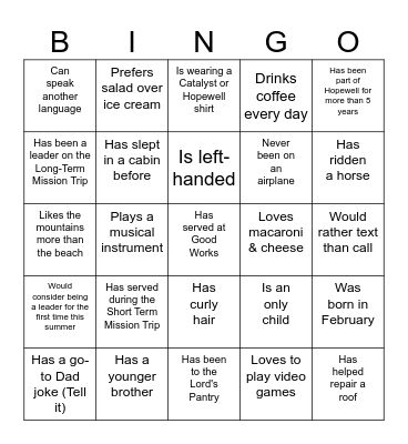 Catalyst Mission Night Bingo Card