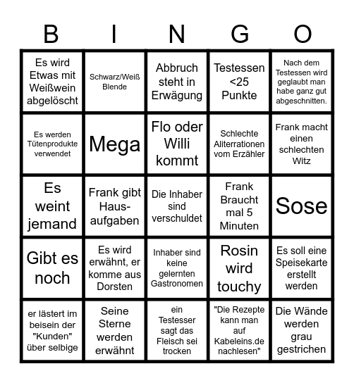 Rosins Restaurant Bingo Card