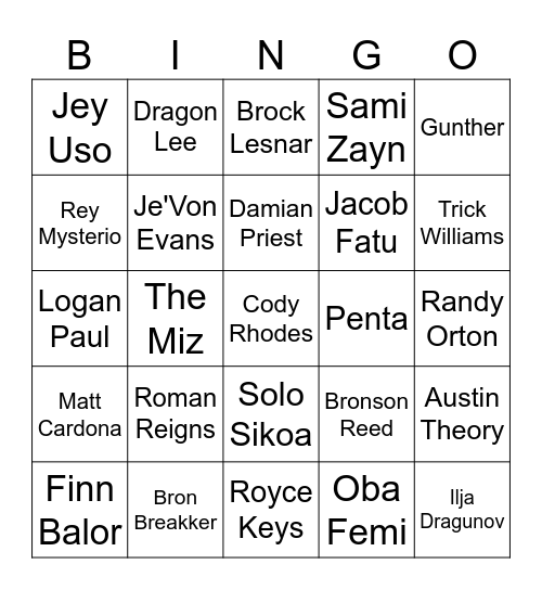Men's Rumble Bingo Card
