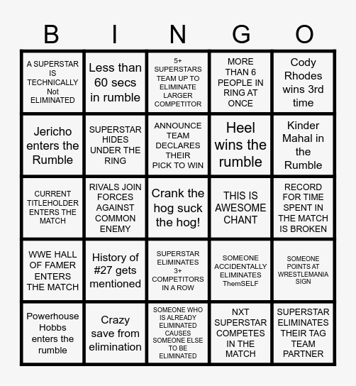 ROYAL RUMBLE 2026 Bingo Card