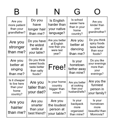 Comparative and Superlative Bingo Card
