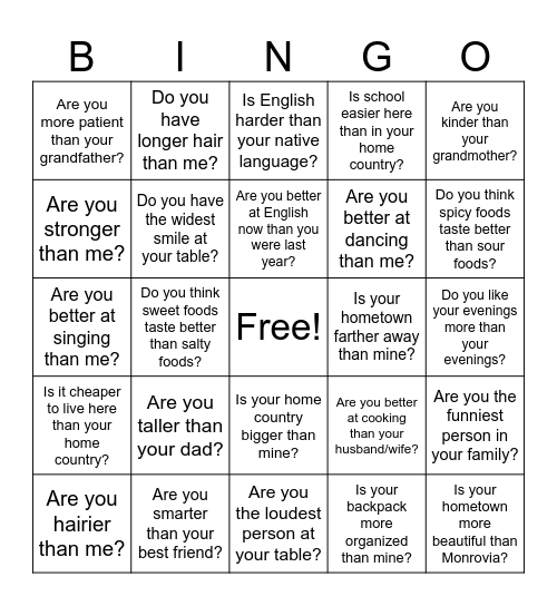 Comparative and Superlative Bingo Card