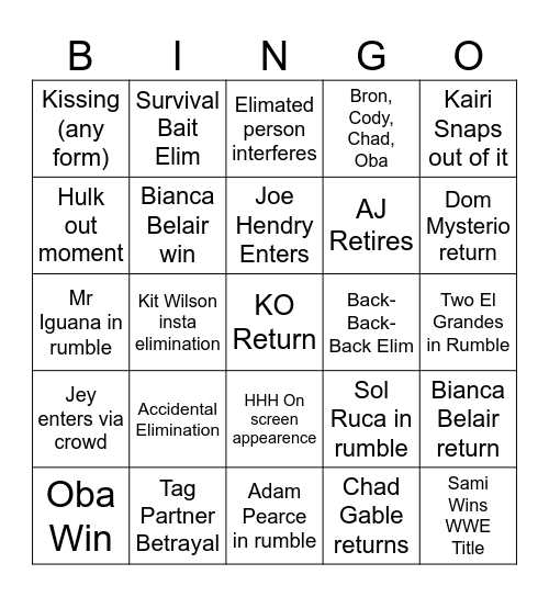 Royal Rumble 2026 Predictions Bingo Card