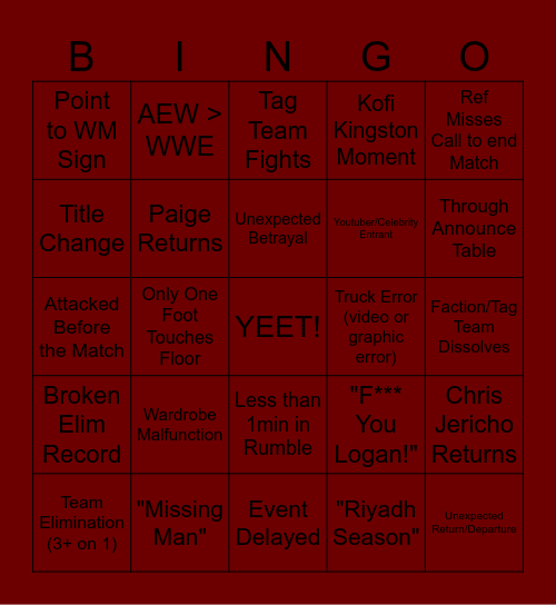 Royal Rumble Bingo 2026 Bingo Card