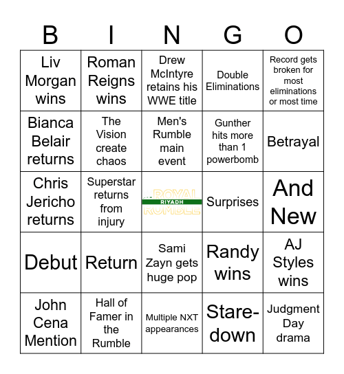 Royal Rumble Bingo Card
