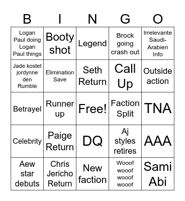 Royal Rumble Bingo Card