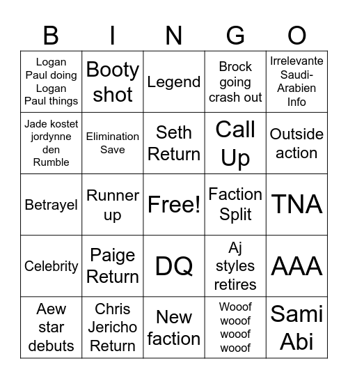 Royal Rumble Bingo Card