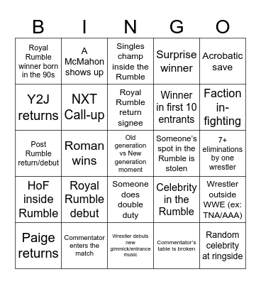 Royal Rumble Bingo Card