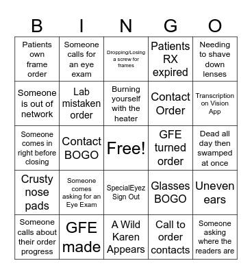 Optician Bingo Card