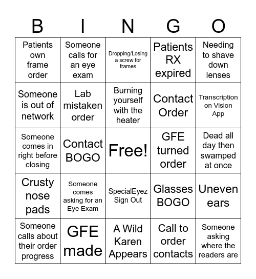 Optician Bingo Card