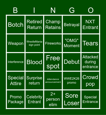 Royal Rumble 2026 Bingo Card