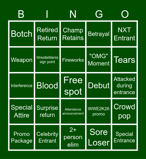 Royal Rumble 2026 Bingo Card