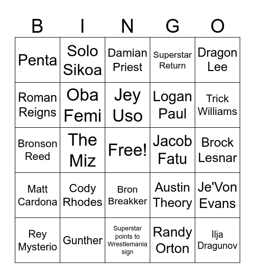 2026 Royal Rumble - Men Bingo Card