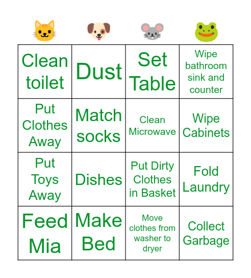 9-year-old Chores Bingo Card