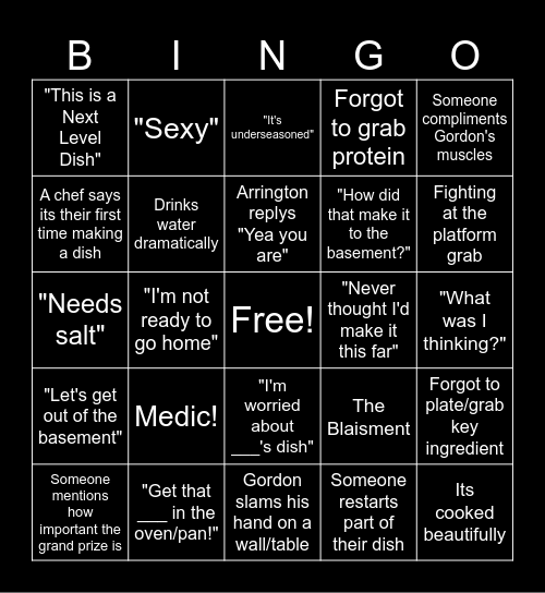 Next Level Chef Bingo Card