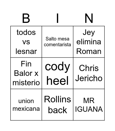 Royal Rumble Bingo Card