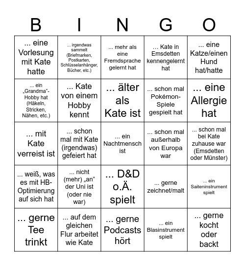 Finde jemanden, der/die/* ... Bingo Card