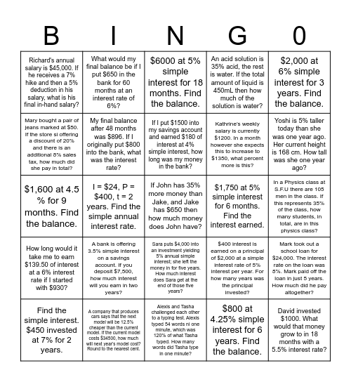 Simple Interest 7-2 Bingo Card