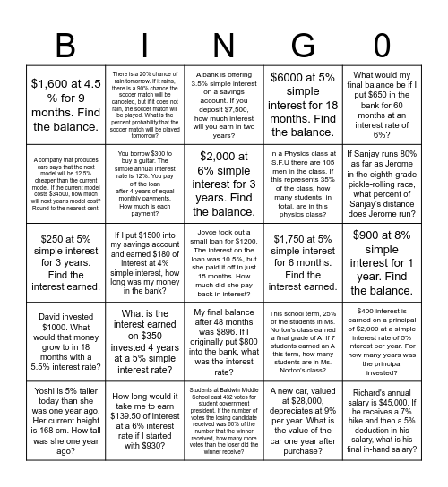 Simple Interest 7-2 Bingo Card