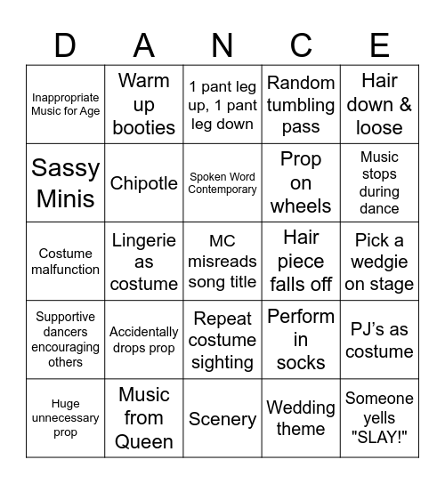 STC Dance Competition Bingo Card