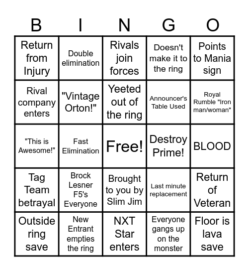 Royal Rumble 2026 Bingo Card