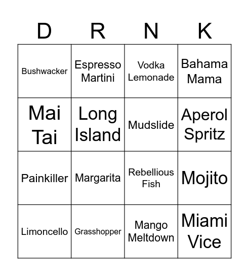 DRINKO Bingo Card