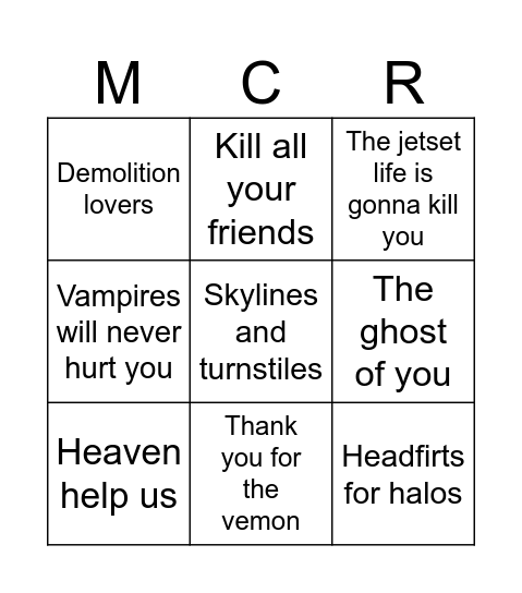 Mcr encore bingo Card