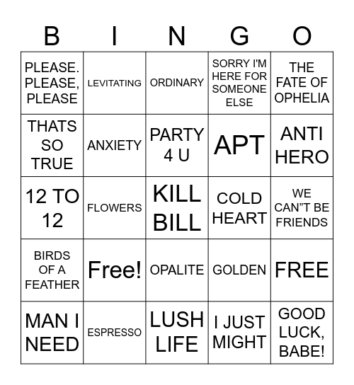 Musical Bingo Card