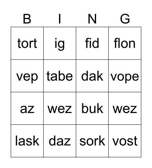 Nonsense Words Bingo Card