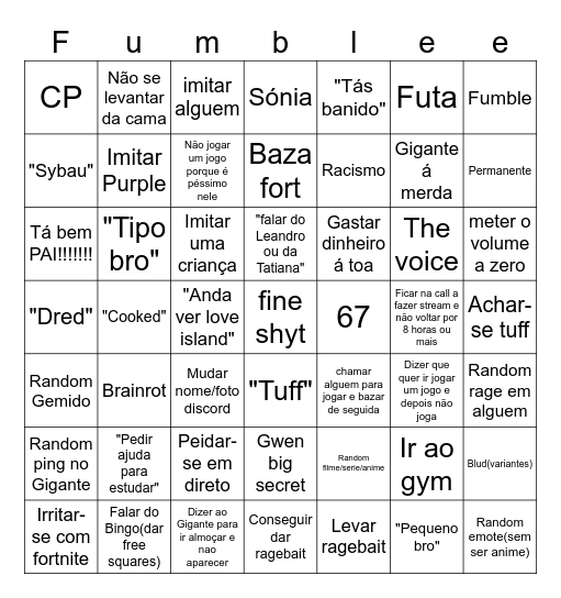Safa Rilva Bingo Fumble Edition Bingo Card