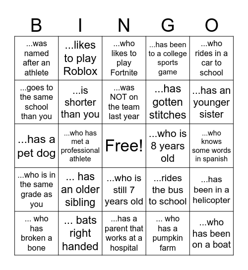 RYBA 8 U Meet the Team Bingo Card