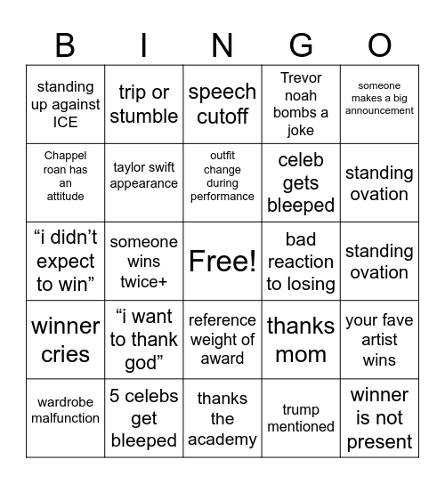 grammys 2026 Bingo Card