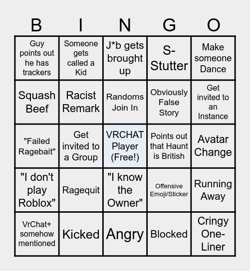VRCHAT RAGEBAIT BINGO Card
